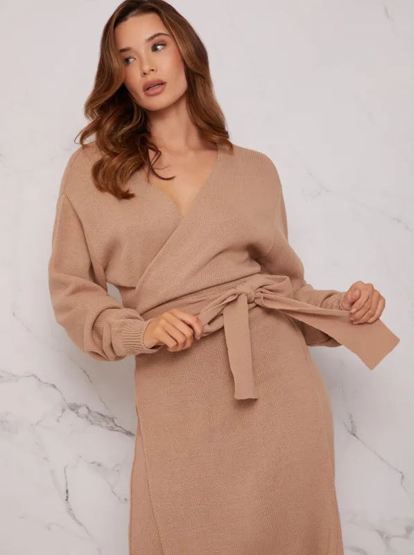 V Neck Wrap Jumper Dress in Beige sold by Chi Chi London