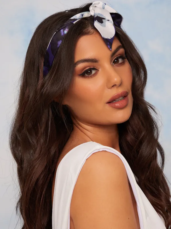 Floral Print Satin Hair Scarf in Navy sold by Chi Chi London