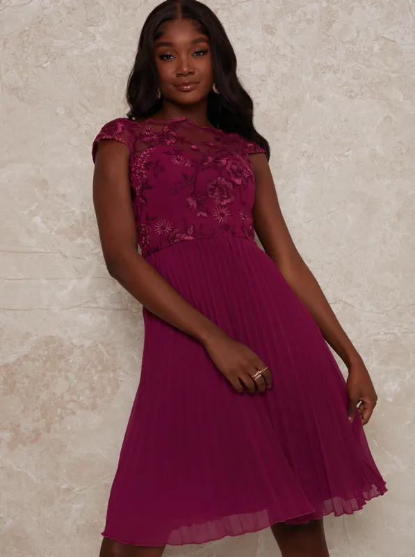 Cap Sleeved Embroidered Bodice Midi Dress in Red sold by Chi Chi London