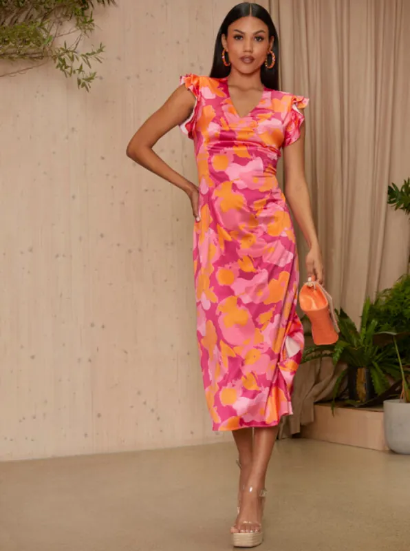 V Neck Ruffle Detail Abstract Print Midi Dress in Pink sold by Chi Chi London