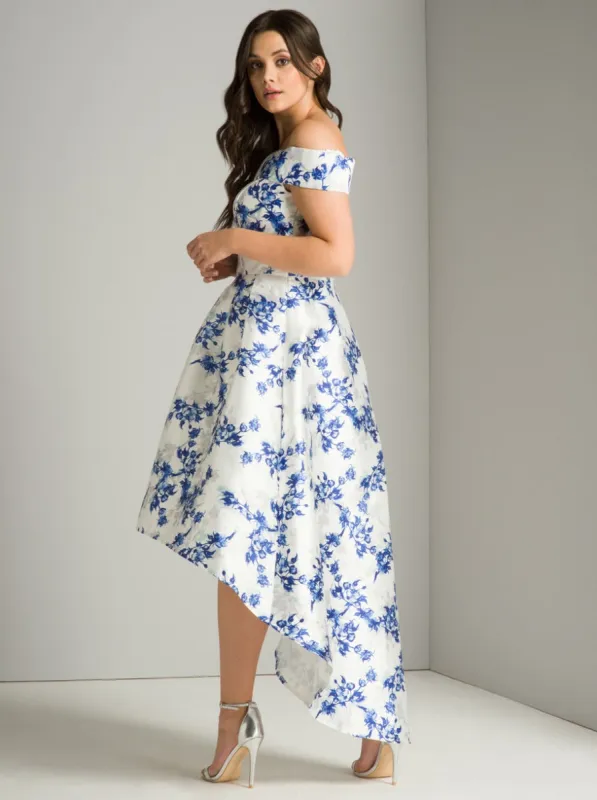 Plus Size Floral Bardot Dip Hem Midi Dress in White sold by Chi Chi London