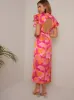 V Neck Ruffle Detail Abstract Print Midi Dress in Pink sold by Chi Chi London