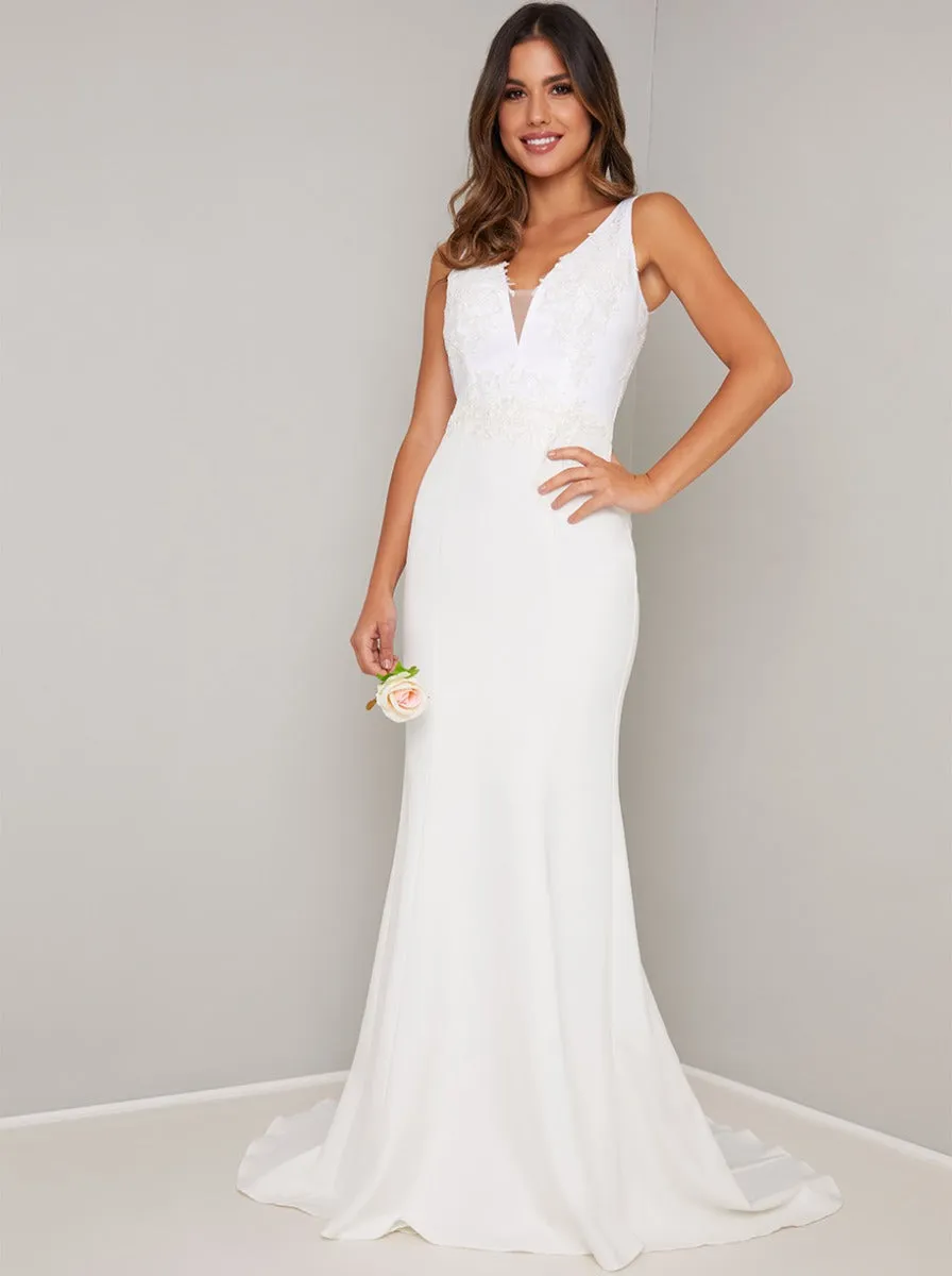 Embroidered Bridal Dress with V Neckline in White sold by Chi Chi London
