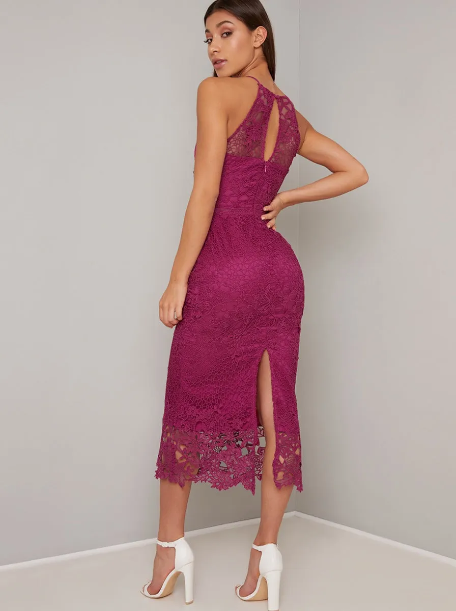 Tall Crochet Overlay Bodycon Midi Dress in Fuschia sold by Chi Chi London product image thumbnail 4