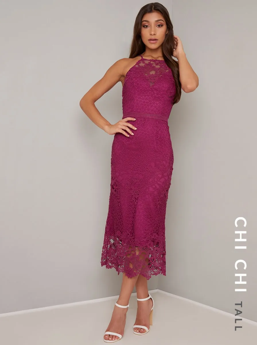 Tall Crochet Overlay Bodycon Midi Dress in Fuschia sold by Chi Chi London