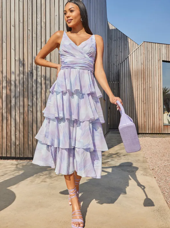 Sleeveless Watercolour Print Midi Dress in Lilac sold by Chi Chi London