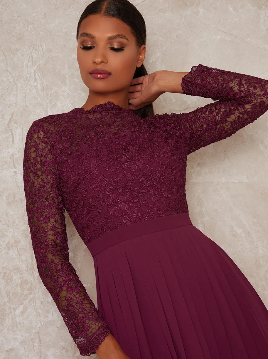 High Neck Lace Long Sleeve Midi Dress in Purple sold by Chi Chi London product image thumbnail 3