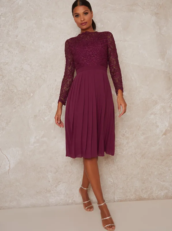 High Neck Lace Long Sleeve Midi Dress in Purple sold by Chi Chi London