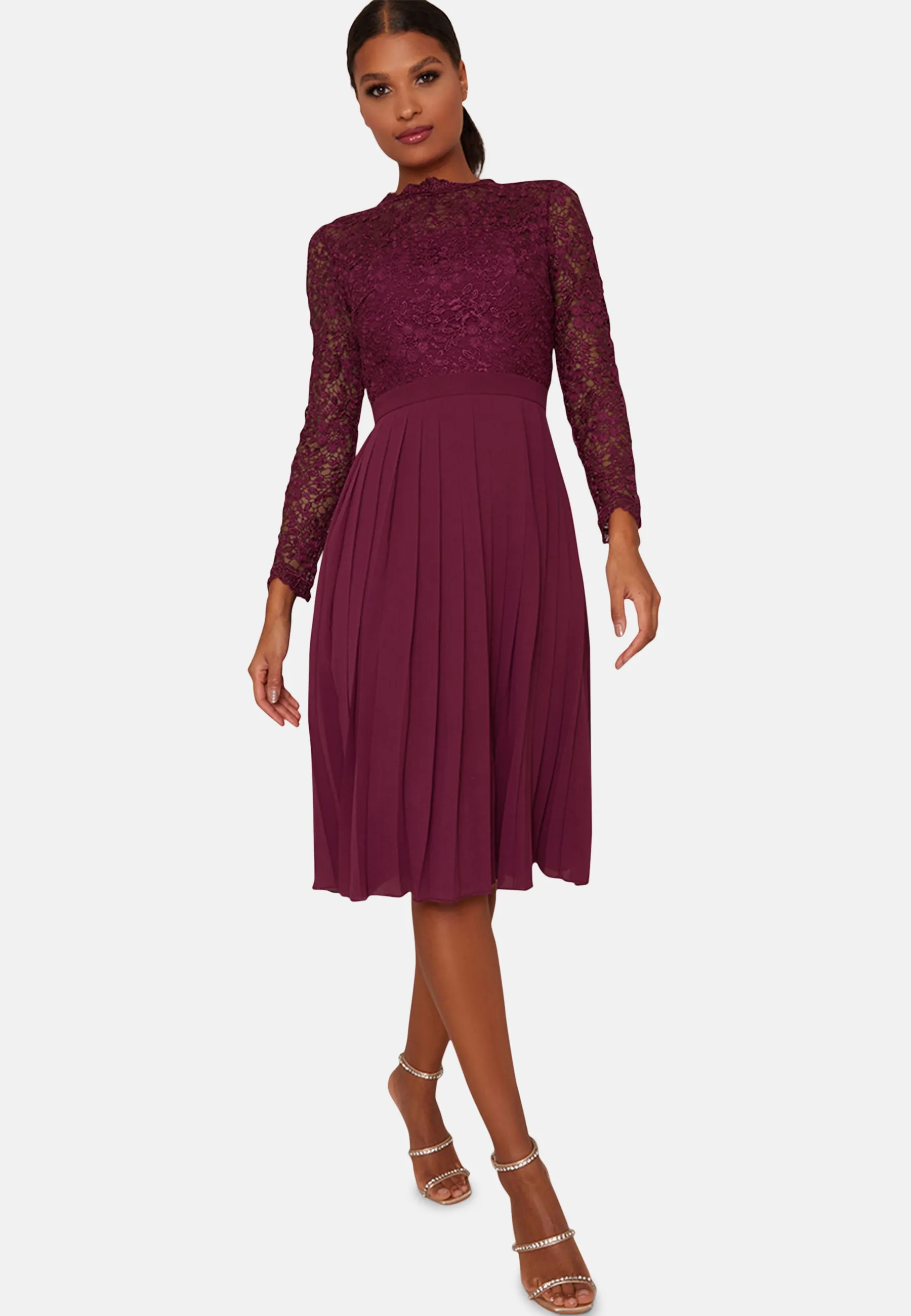 High Neck Lace Long Sleeve Midi Dress in Purple sold by Chi Chi London product image thumbnail 5
