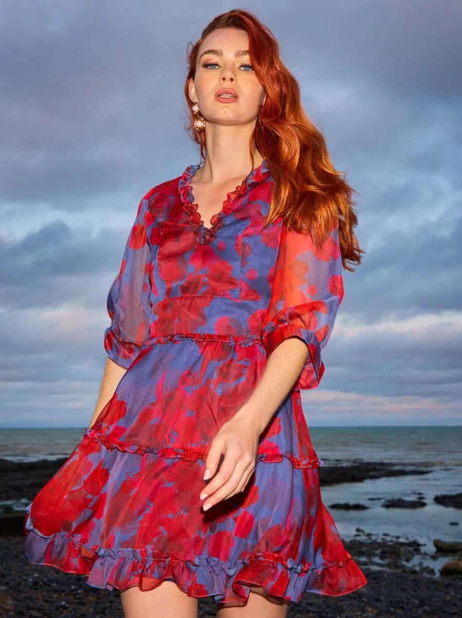 V Neck Floral Ruffle Mini Dress in Red sold by Chi Chi London product image thumbnail 5