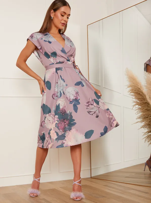 Floral Short Sleeve Skater Midi Dress in Purple sold by Chi Chi London