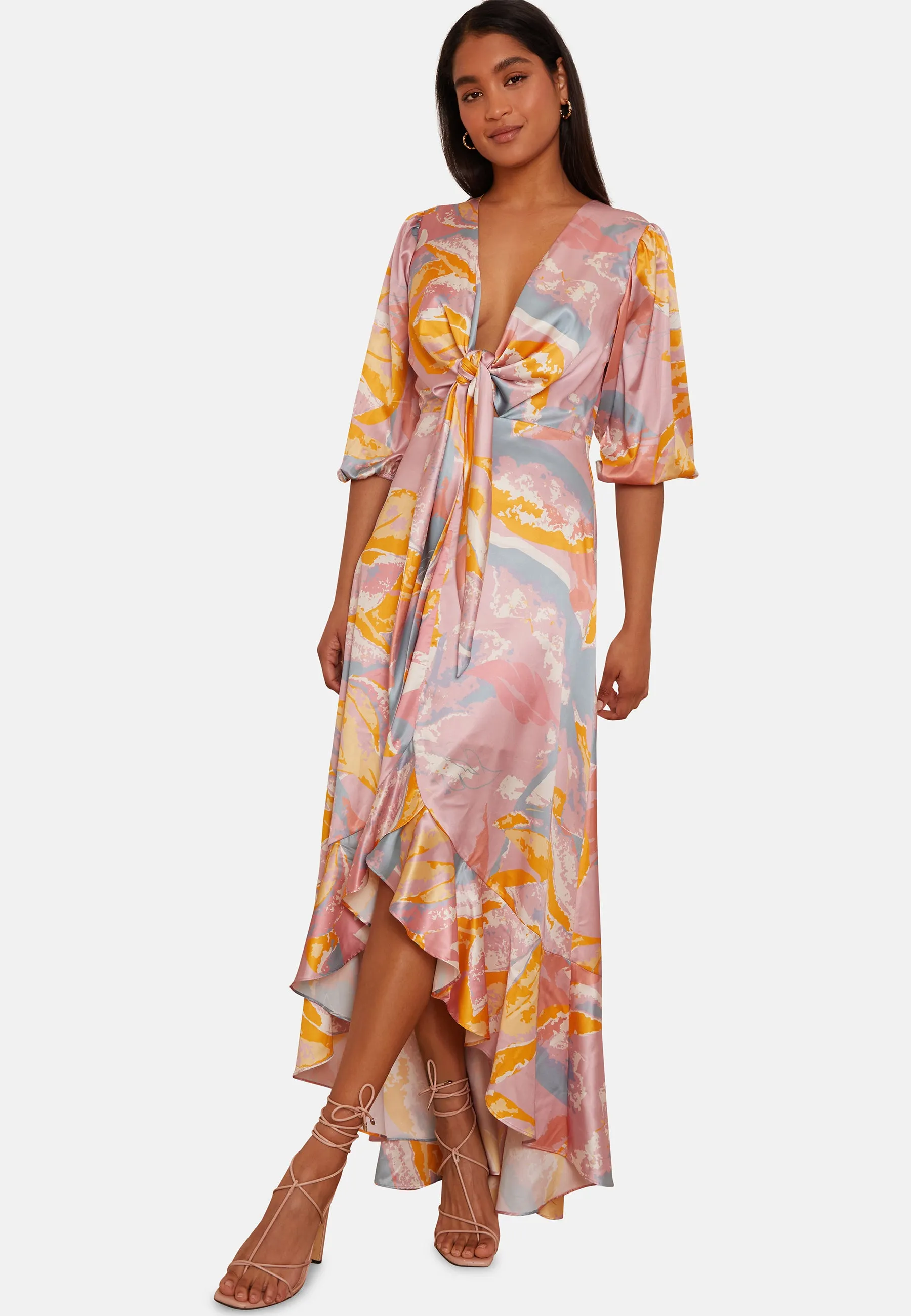 Tie Front Printed Dip Hem Dress in Pink sold by Chi Chi London product image thumbnail 5