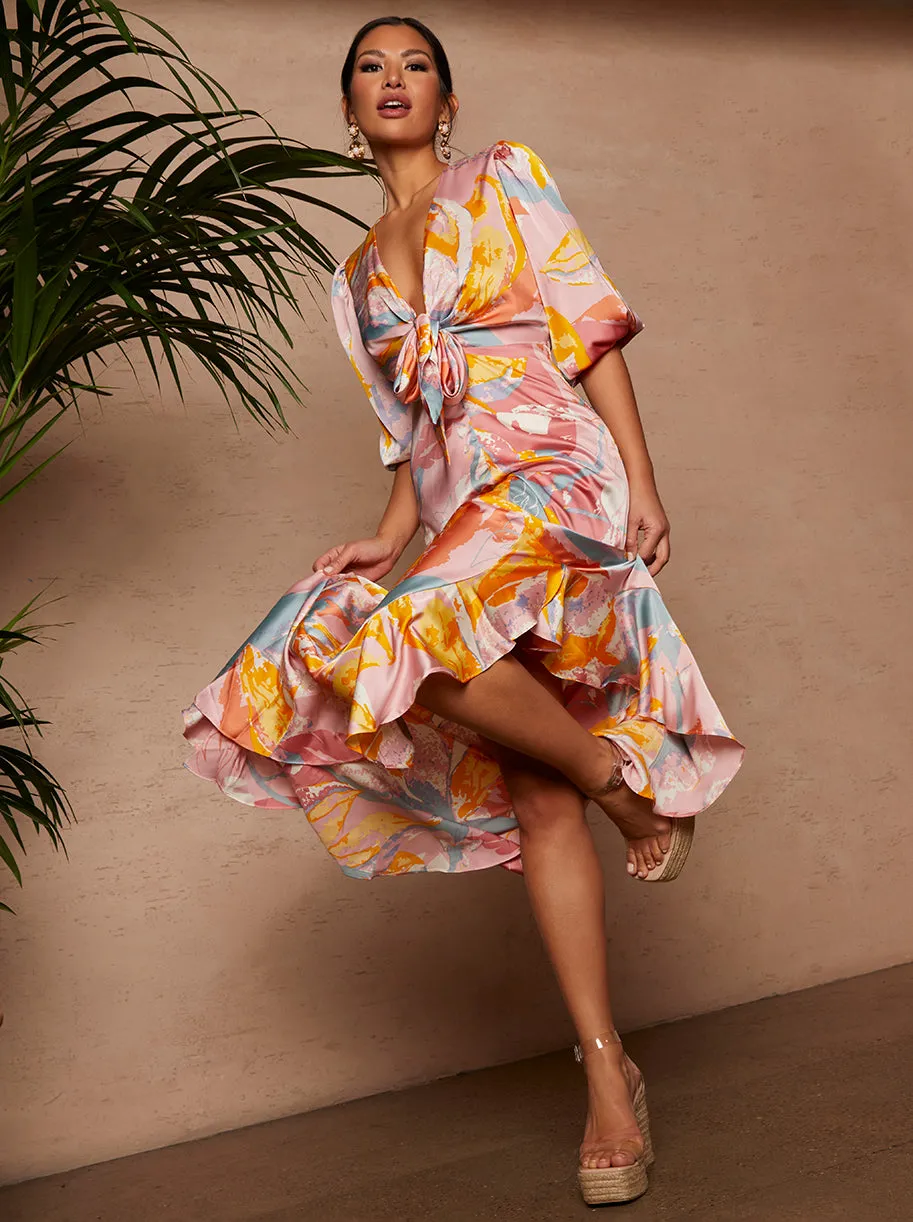 Tie Front Printed Dip Hem Dress in Pink sold by Chi Chi London product image thumbnail 3
