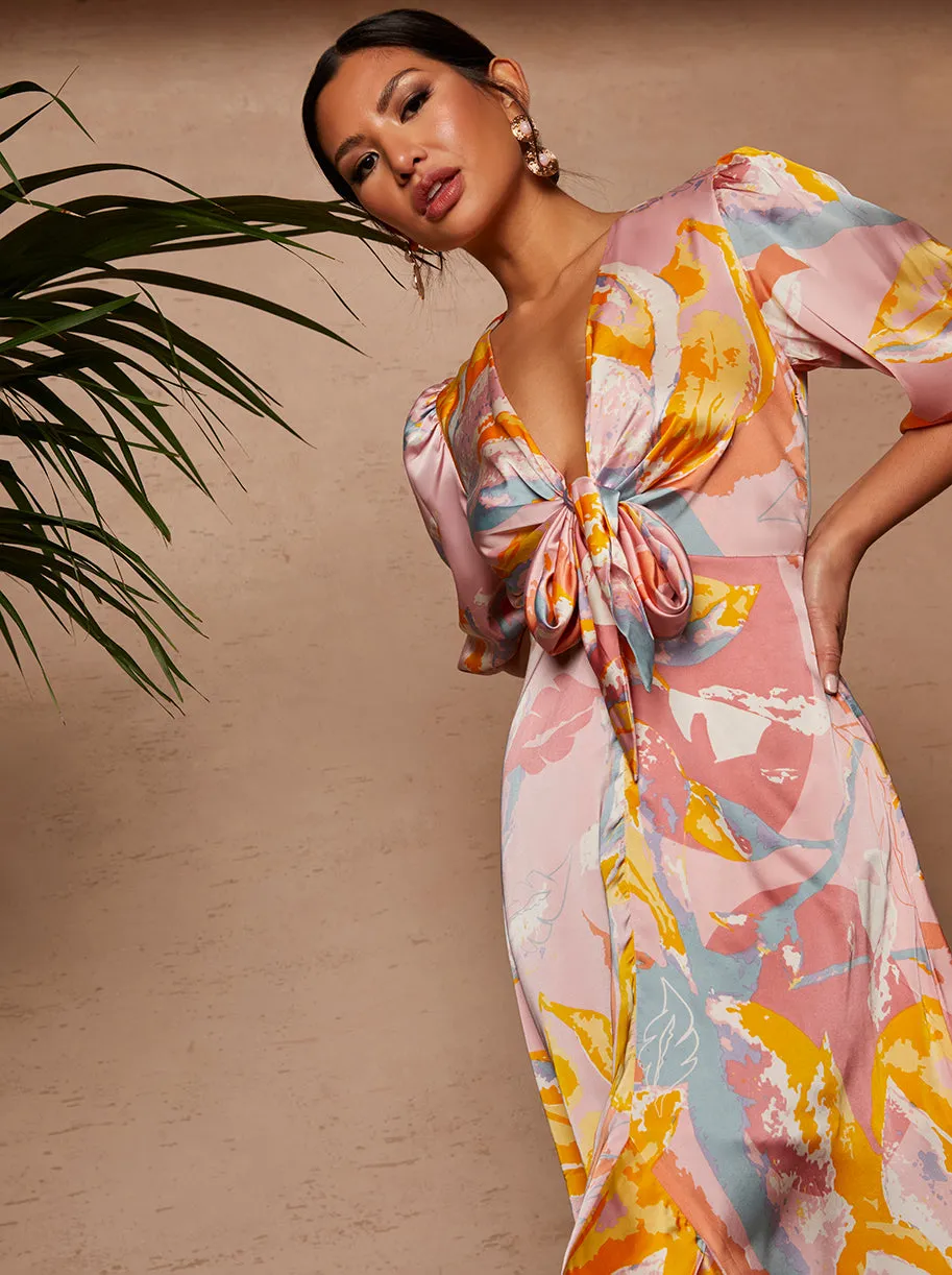Tie Front Printed Dip Hem Dress in Pink sold by Chi Chi London product image thumbnail 2