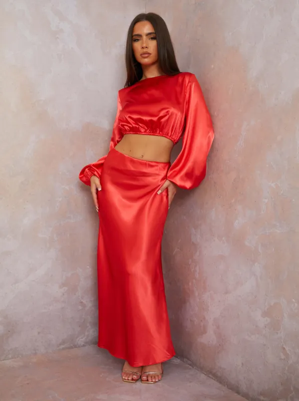 Balloon Sleeve Satin Crop Top in Red sold by Chi Chi London