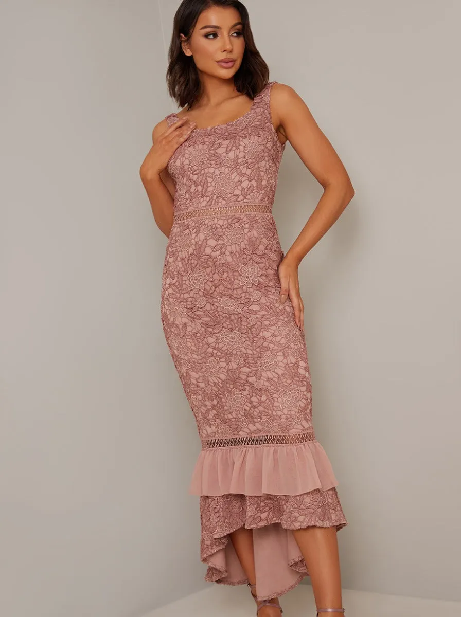 Bodycon Premium Lace Frill Hem Midi Dress in Rose Gold sold by Chi Chi London product image thumbnail 2