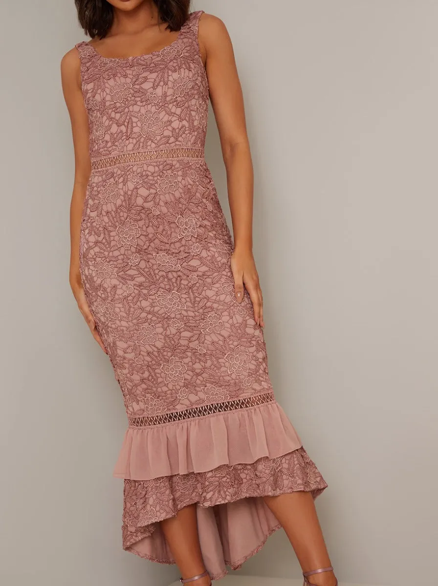 Bodycon Premium Lace Frill Hem Midi Dress in Rose Gold sold by Chi Chi London product image thumbnail 3