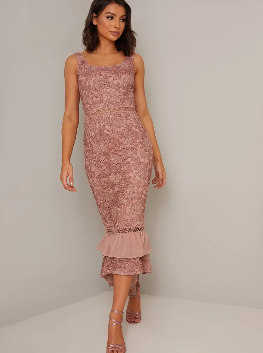Bodycon Premium Lace Frill Hem Midi Dress in Rose Gold sold by Chi Chi London