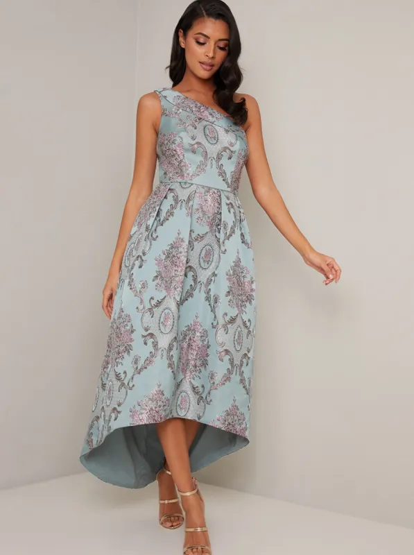 Jacquard Dip Hem Midi Dress in Green sold by Chi Chi London