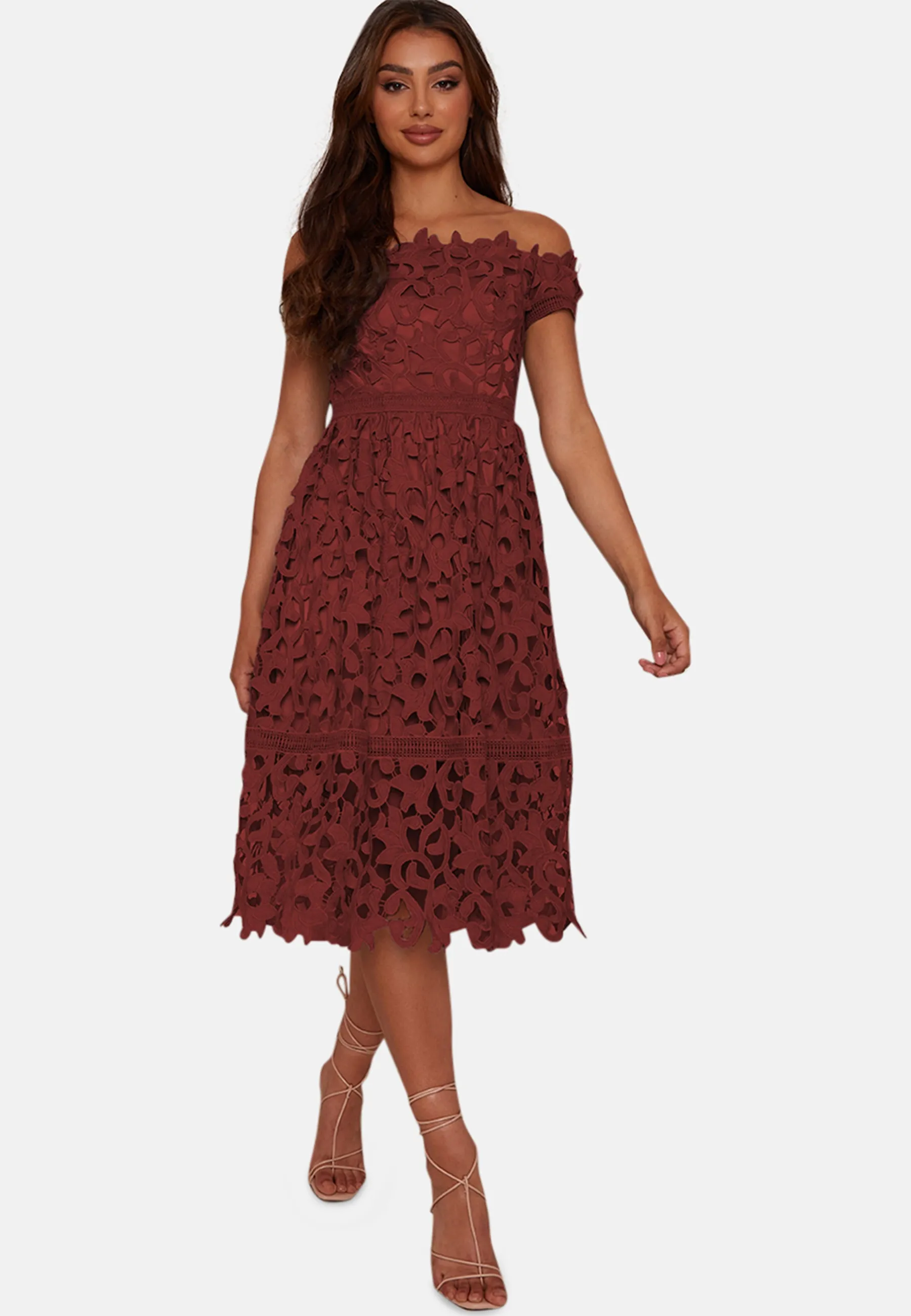 Bardot lace midi dress in burgundy sold by Chi Chi London