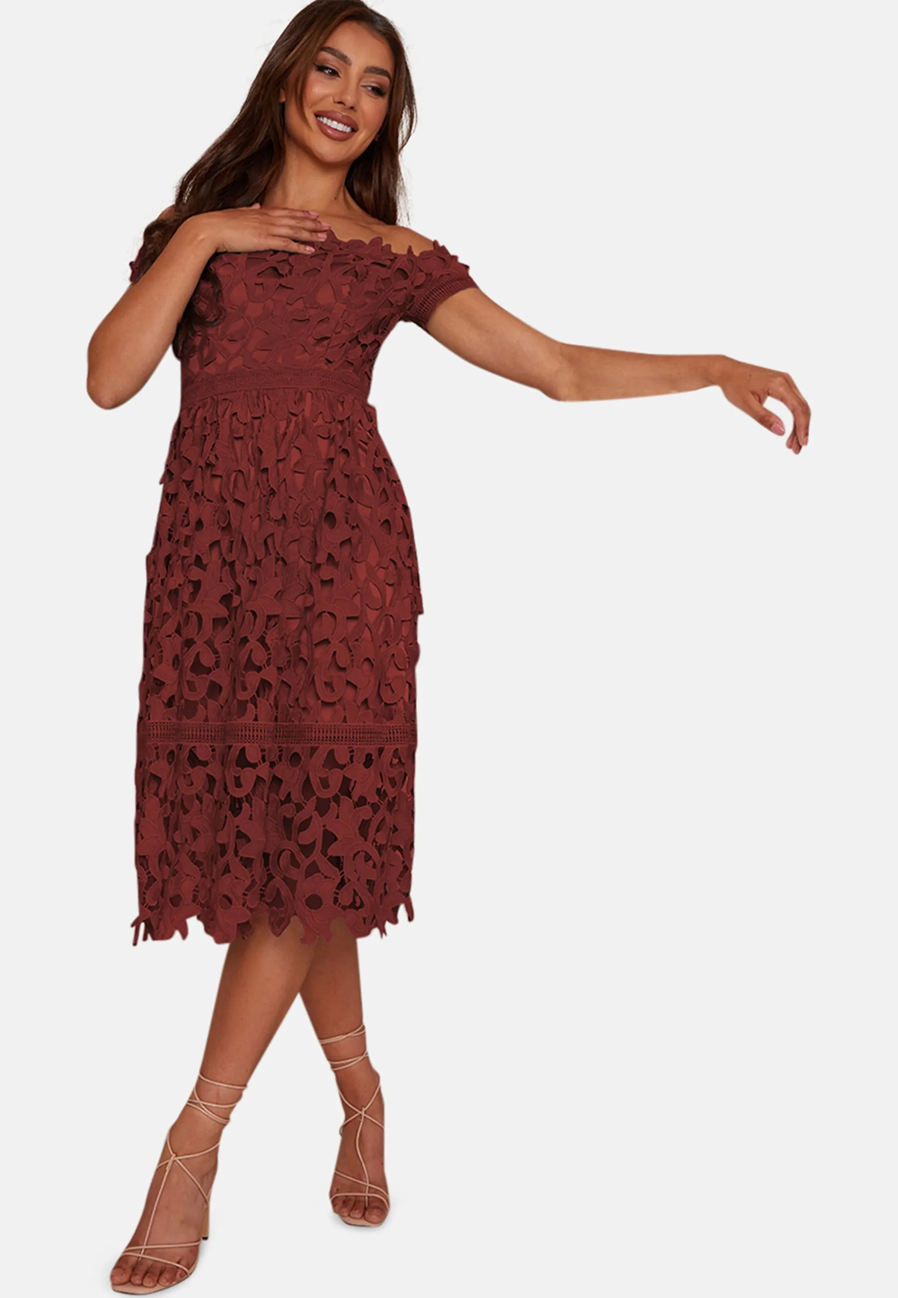 Bardot lace midi dress in burgundy sold by Chi Chi London product image thumbnail 4