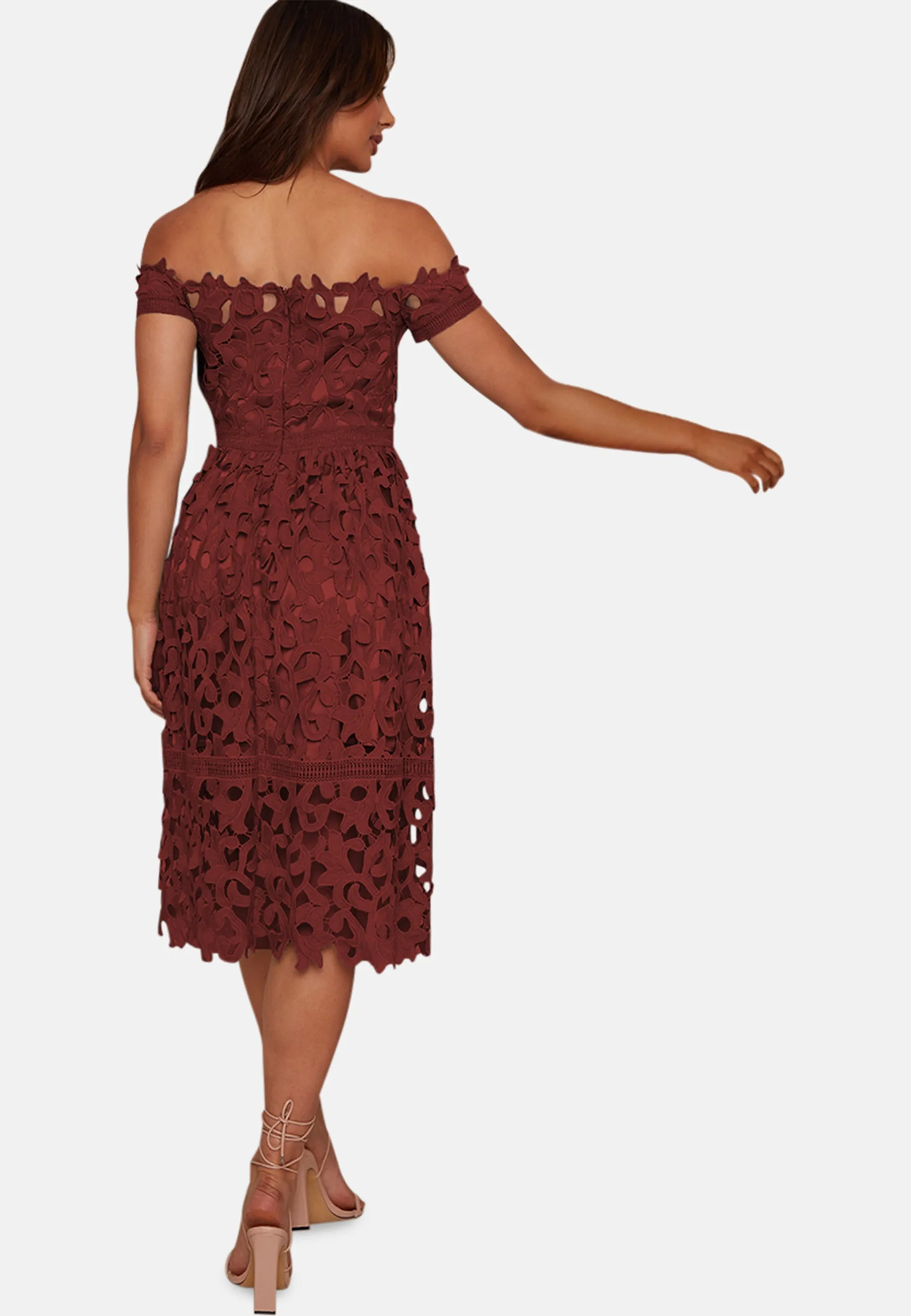 Bardot lace midi dress in burgundy sold by Chi Chi London product image thumbnail 2
