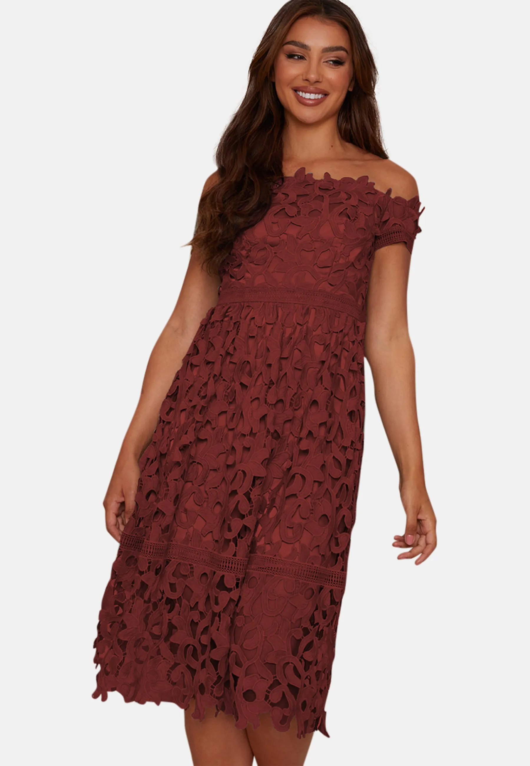 Bardot lace midi dress in burgundy sold by Chi Chi London product image thumbnail 3