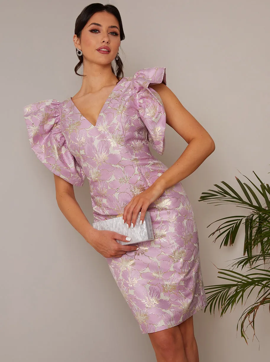 V Neck Ruffle Sleeve Floral Jacquard Midi Dress in Lilac sold by Chi Chi London
