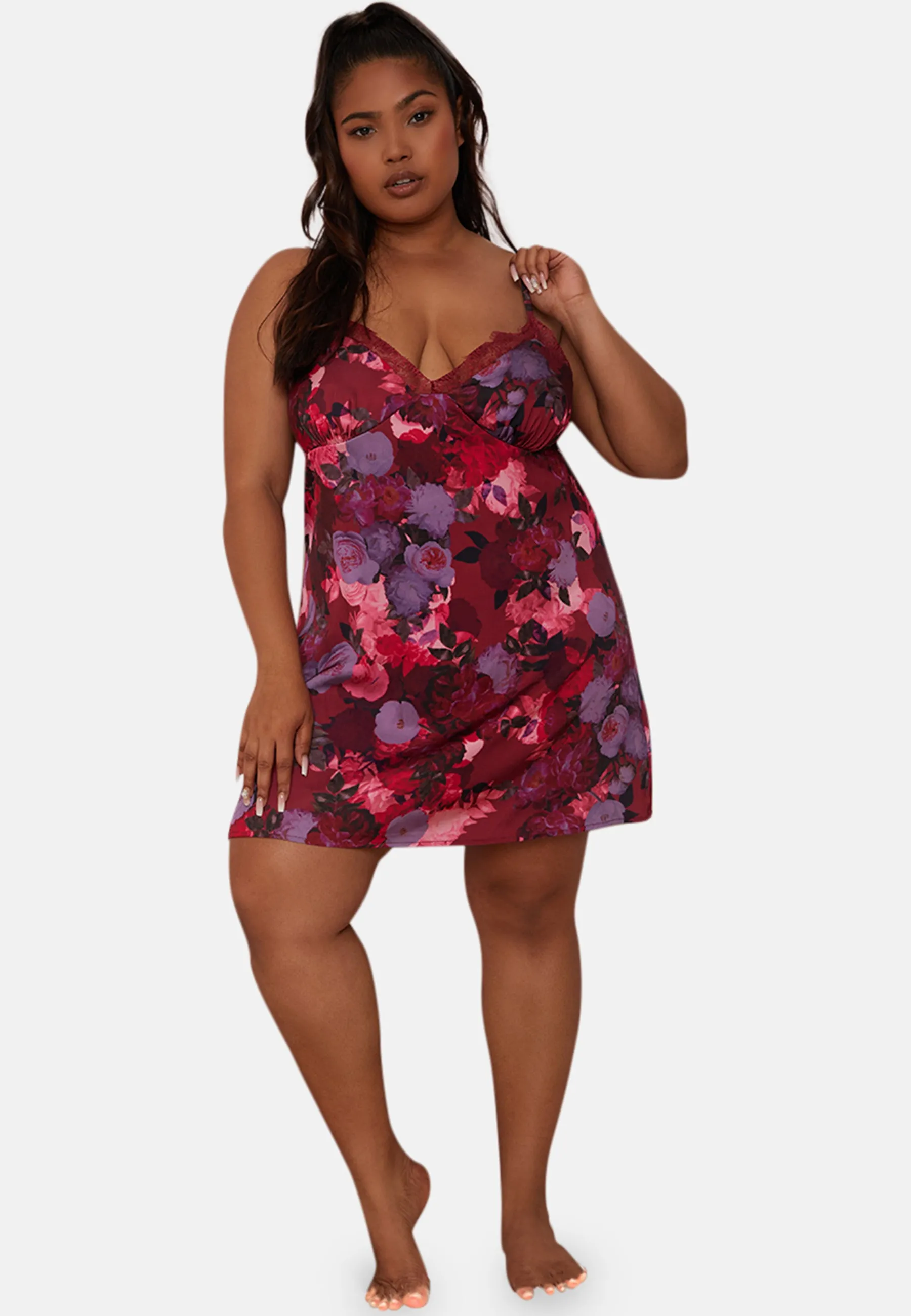Plus Size Floral Slip Night Dress in Burgundy sold by Chi Chi London product image thumbnail 5