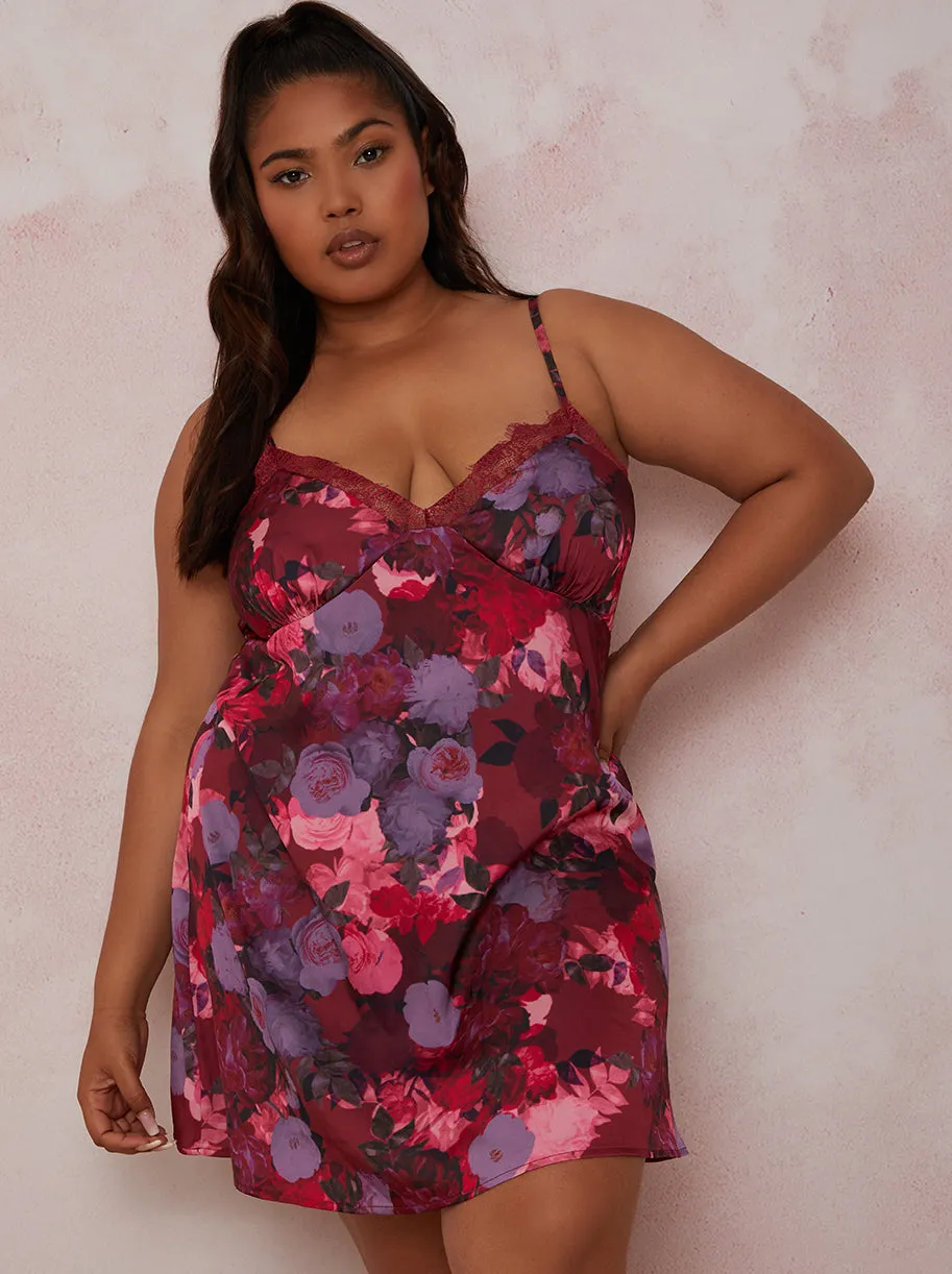 Plus Size Floral Slip Night Dress in Burgundy sold by Chi Chi London