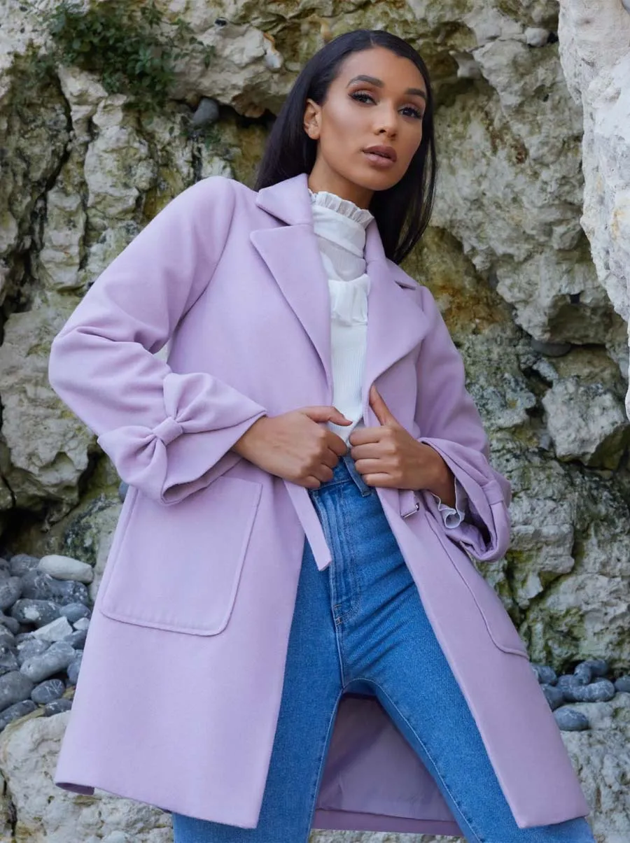 Structured Coat with Bow Sleeves and Belt Detail in Lilac sold by Chi Chi London product image thumbnail 5