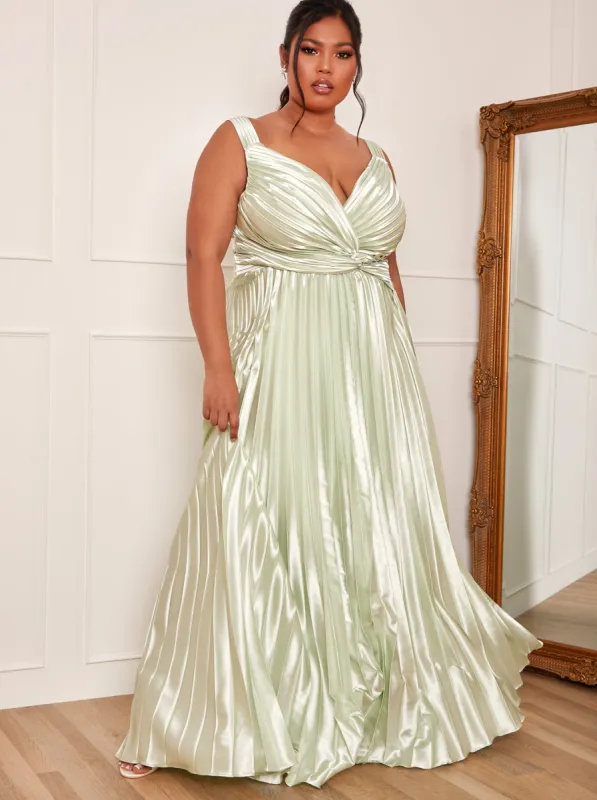 Plus Size Satin Cami Strap Pleated Maxi Dress in Mint sold by Chi Chi London