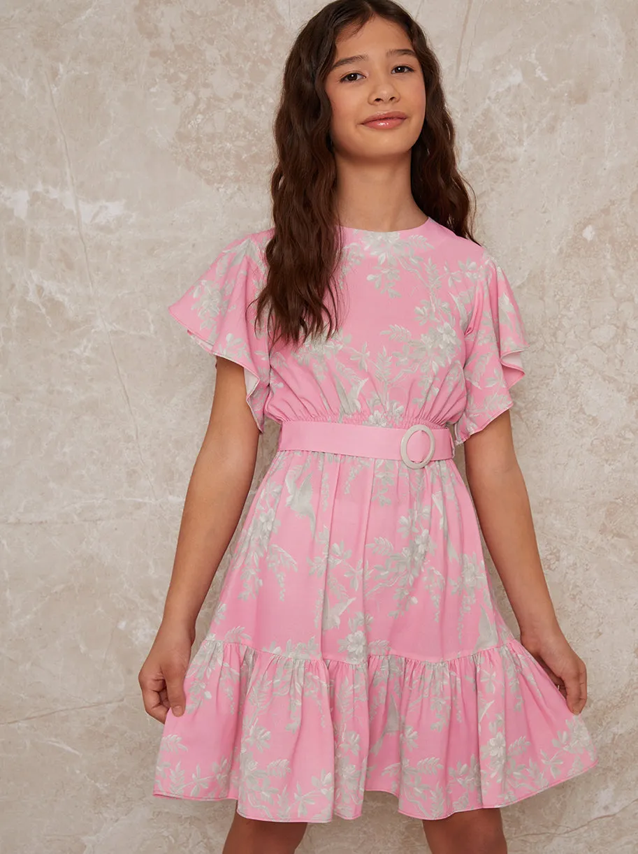 Girls Angel Sleeve Ruffle Dress in Pink sold by Chi Chi London