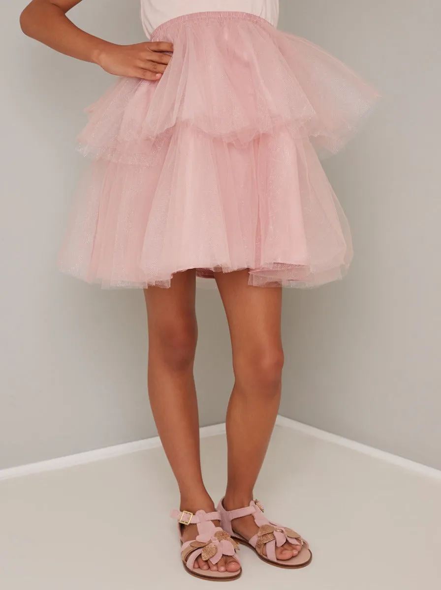 Girls Tulle Tiered Midi Dress in Pink sold by Chi Chi London product image thumbnail 2