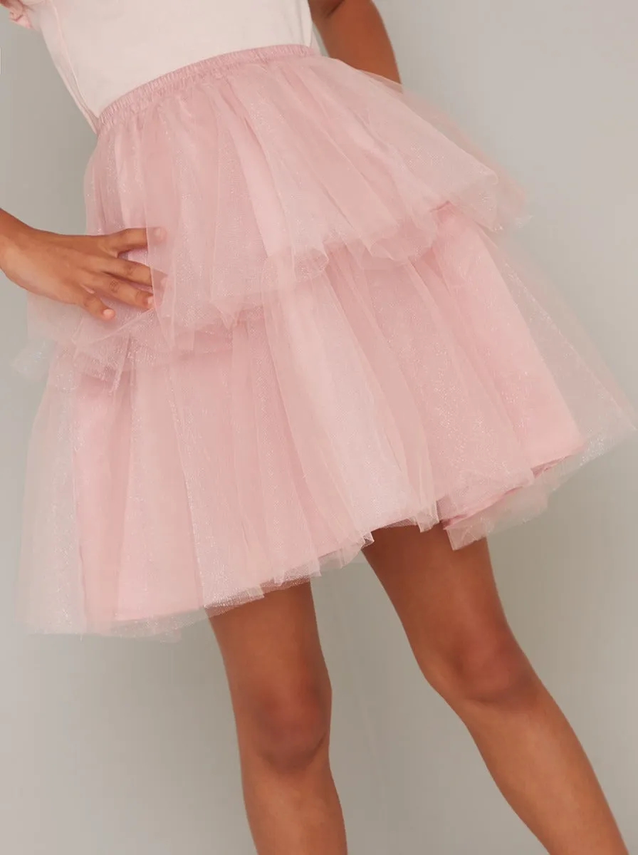 Girls Tulle Tiered Midi Dress in Pink sold by Chi Chi London product image thumbnail 3