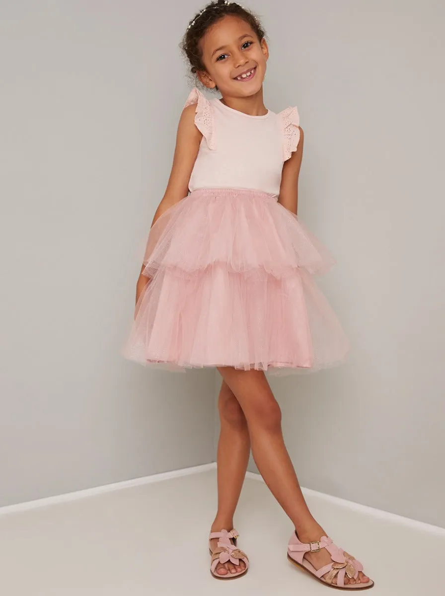 Girls Tulle Tiered Midi Dress in Pink sold by Chi Chi London