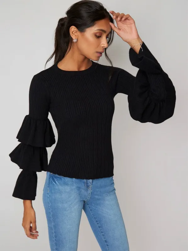 Ruffle Detail Jumper in Black sold by Chi Chi London