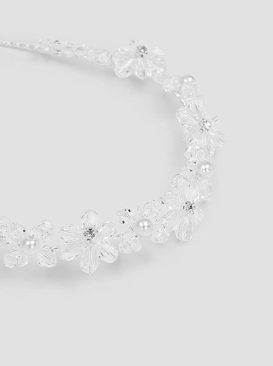 Beaded Floral Hair Piece in Silver sold by Chi Chi London