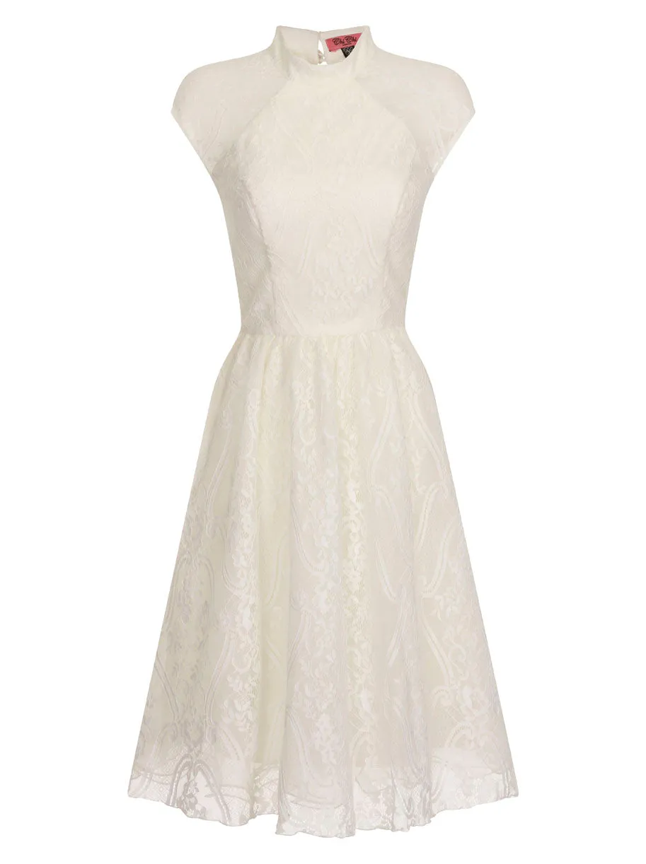 High Neck Cap Sleeve Lace Midi Dress in Cream sold by Chi Chi London
