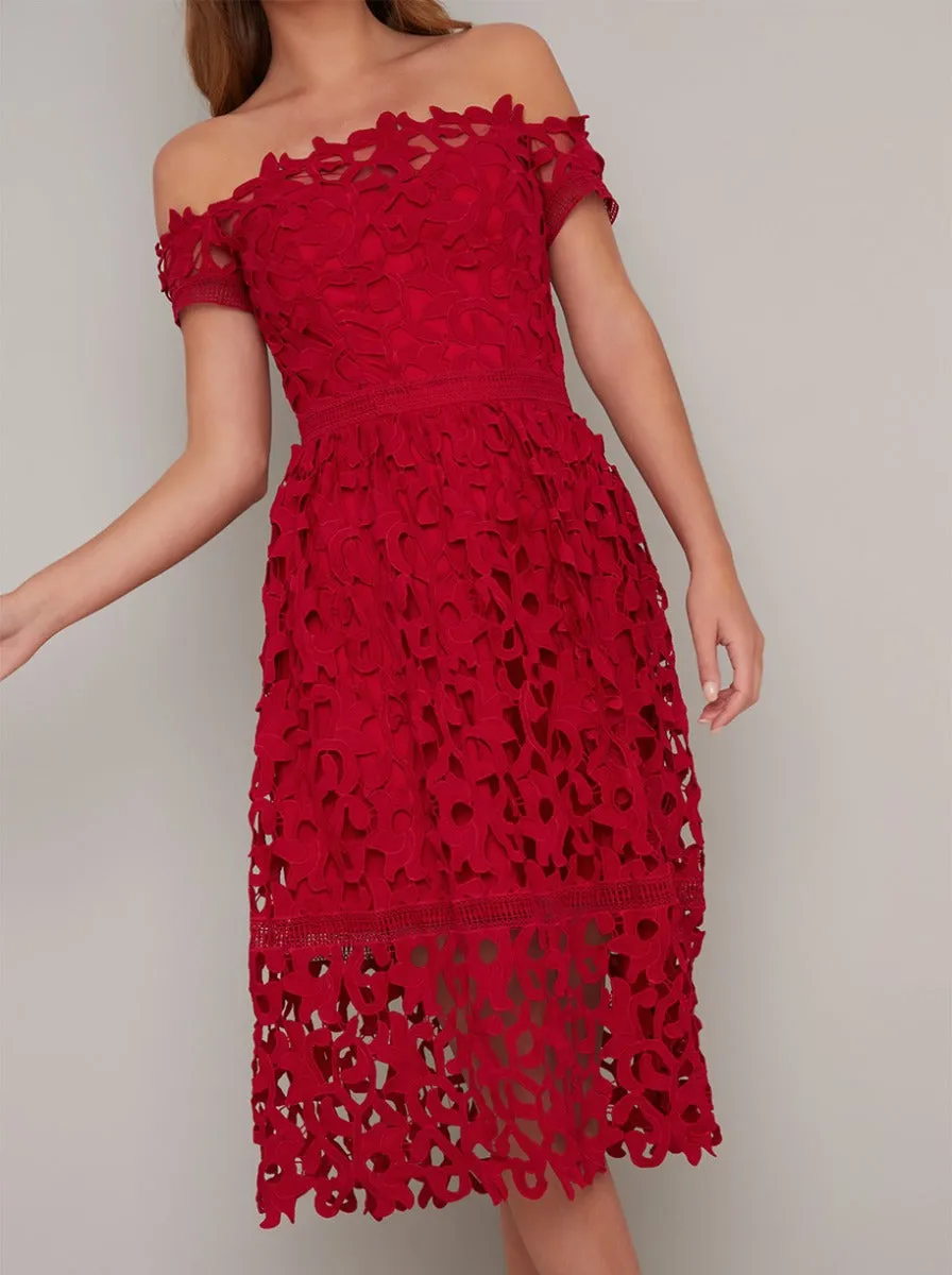 Bardot Neck Lace Crochet Design Midi Dress in Red sold by Chi Chi London product image thumbnail 2