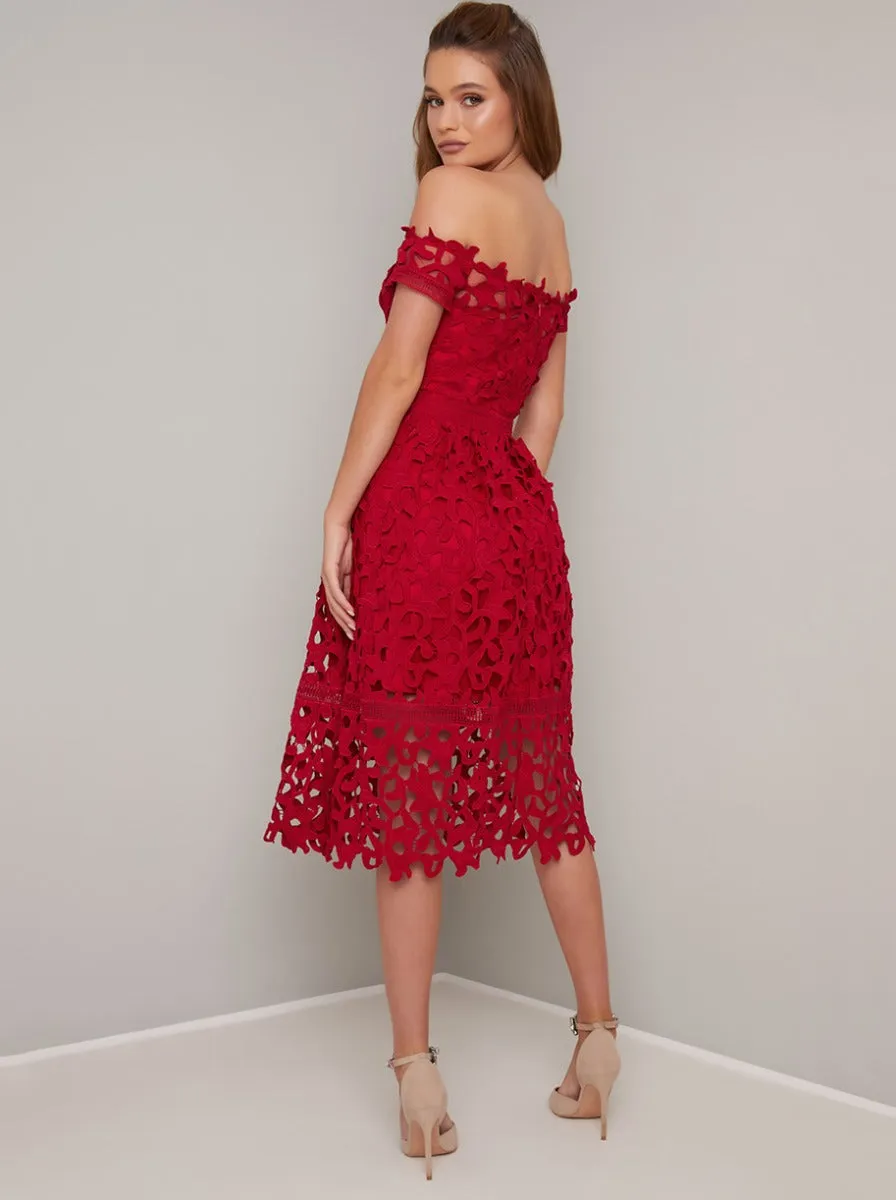 Bardot Neck Lace Crochet Design Midi Dress in Red sold by Chi Chi London product image thumbnail 3