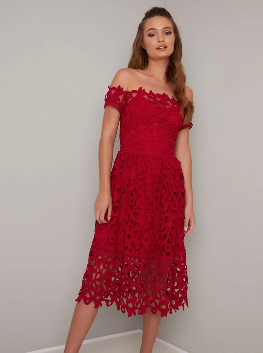 Bardot Neck Lace Crochet Design Midi Dress in Red sold by Chi Chi London product image thumbnail 4