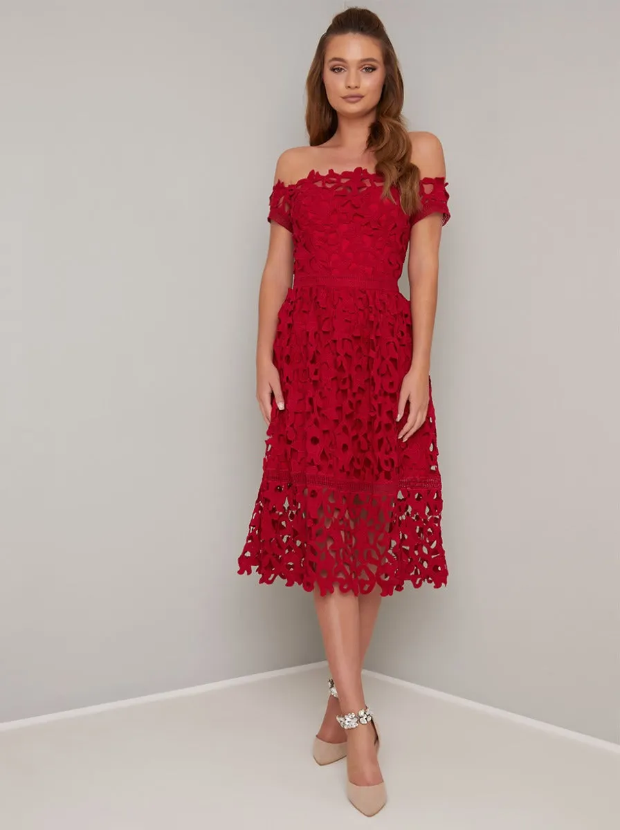 Bardot Neck Lace Crochet Design Midi Dress in Red sold by Chi Chi London