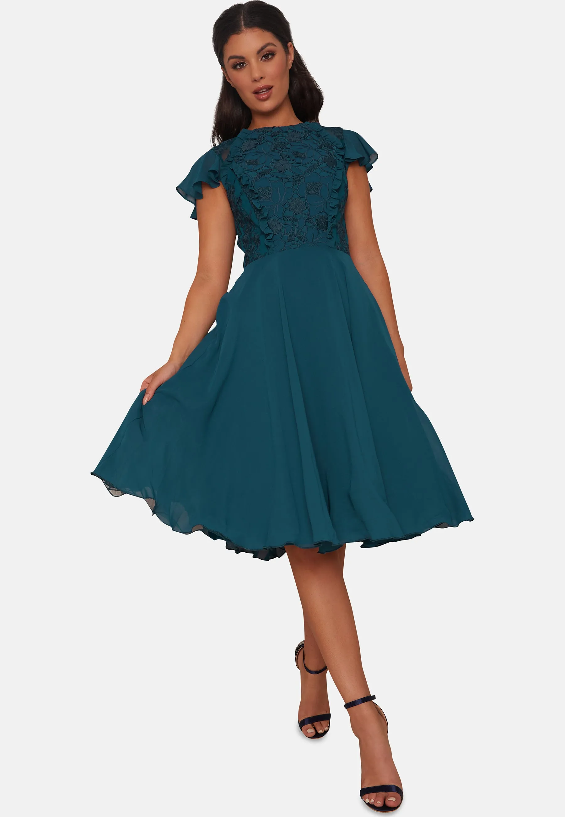 Cap Sleeve Floral Premium Lace Midi Dress in Green sold by Chi Chi London product image thumbnail 5