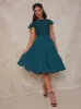 Cap Sleeve Floral Premium Lace Midi Dress in Green sold by Chi Chi London