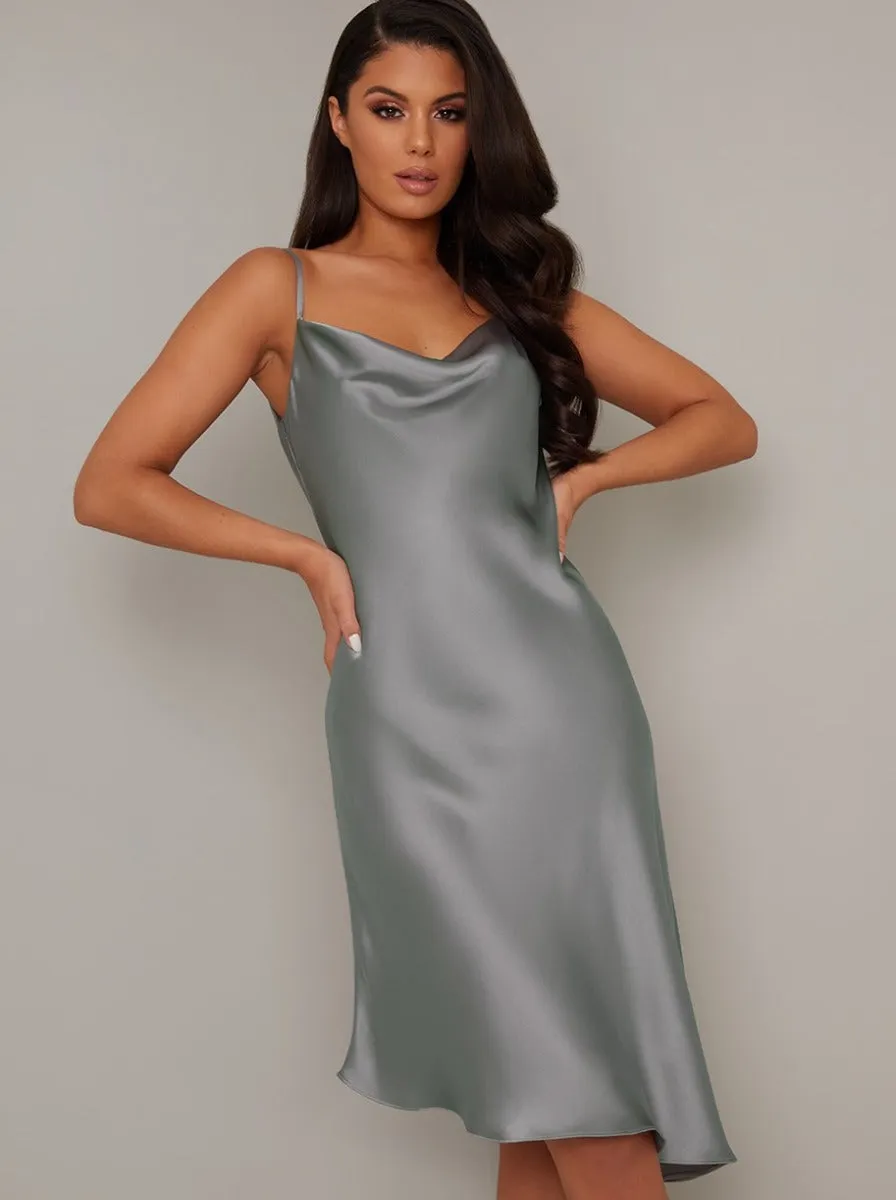Satin Slip Day Dress with Cowl Neck in Silver sold by Chi Chi London product image thumbnail 3