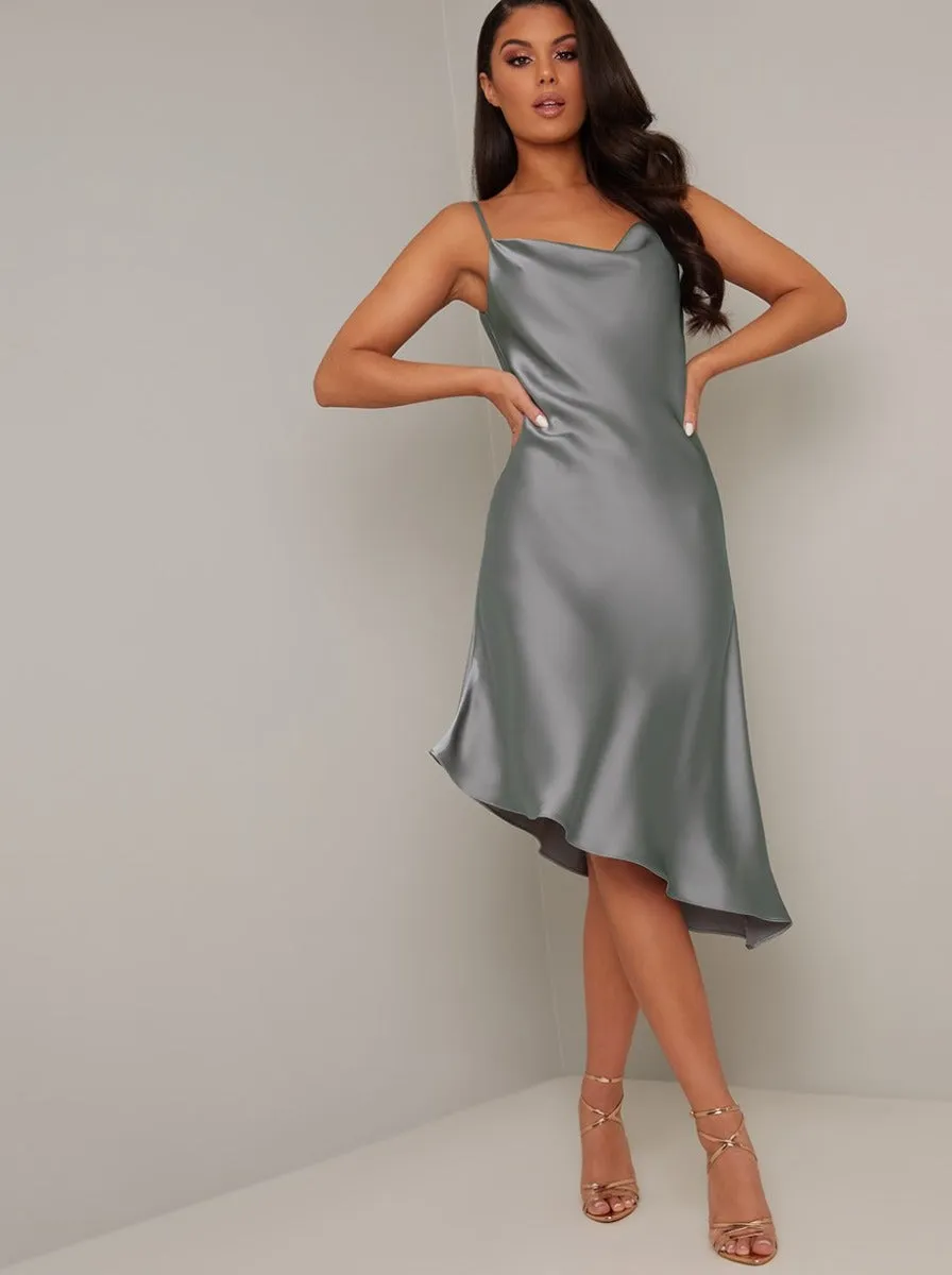Satin Slip Day Dress with Cowl Neck in Silver sold by Chi Chi London