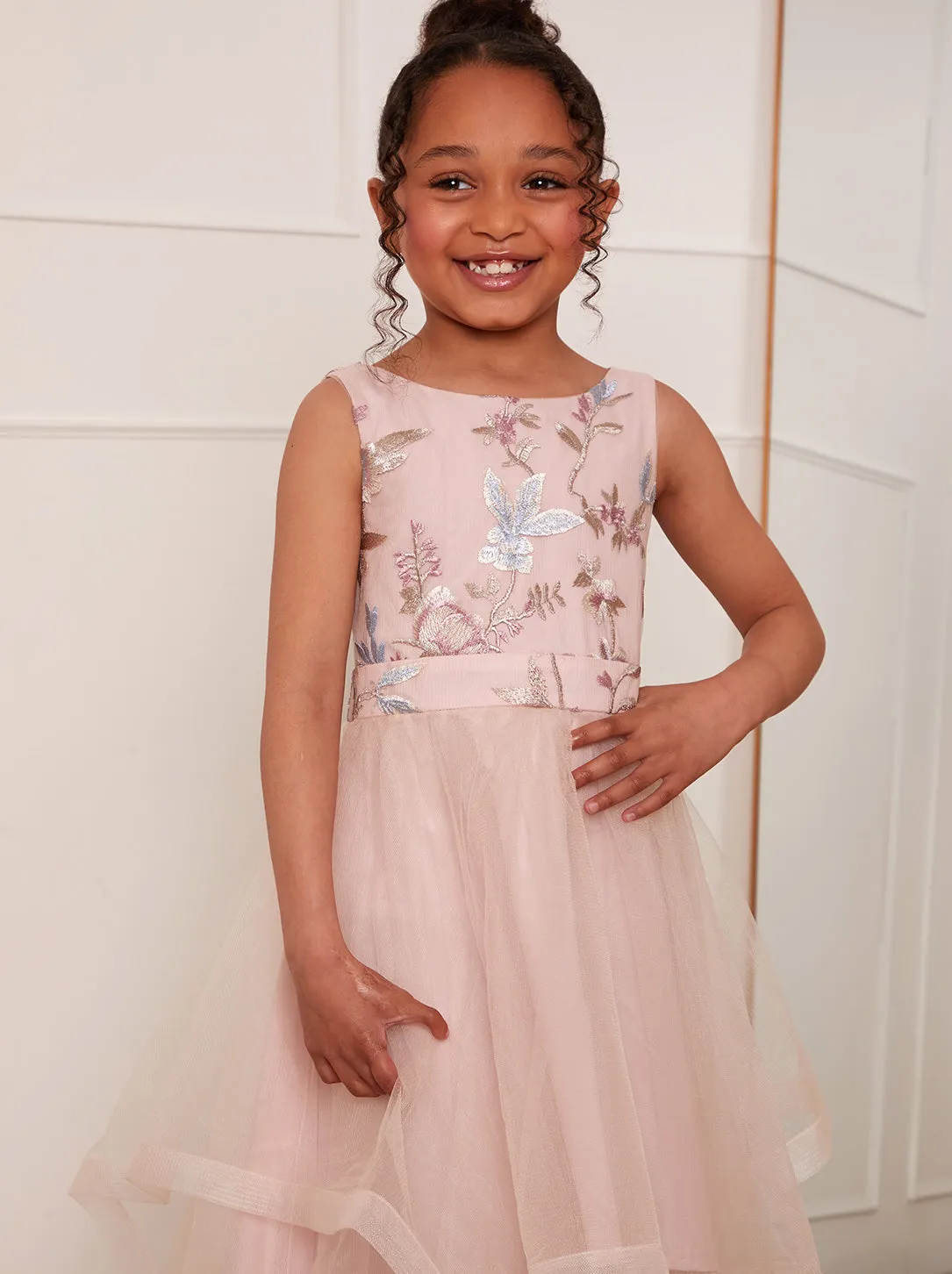 Younger Girls Floral Embroidered Midi Dress in Blush sold by Chi Chi London product image thumbnail 2