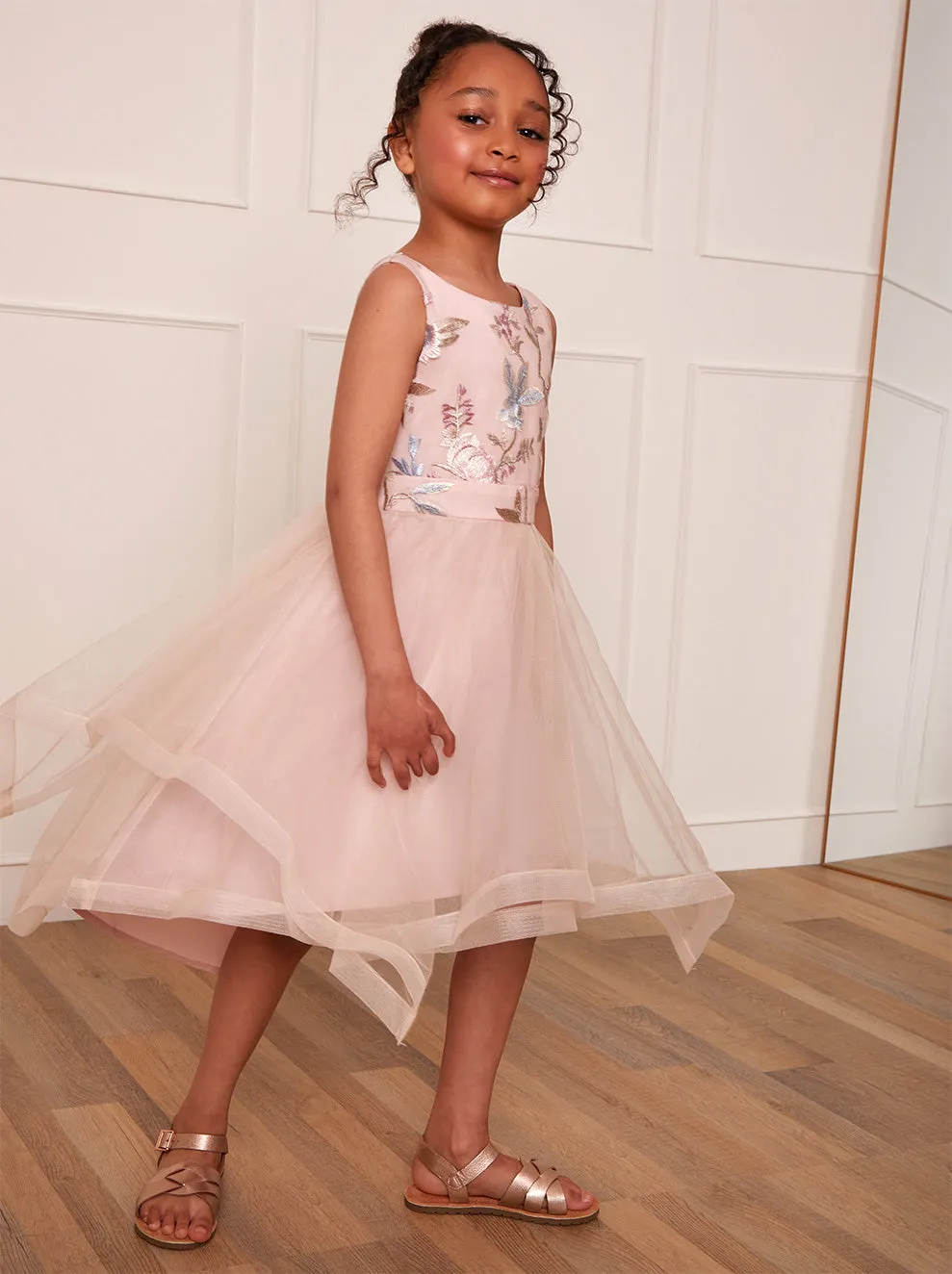 Younger Girls Floral Embroidered Midi Dress in Blush sold by Chi Chi London