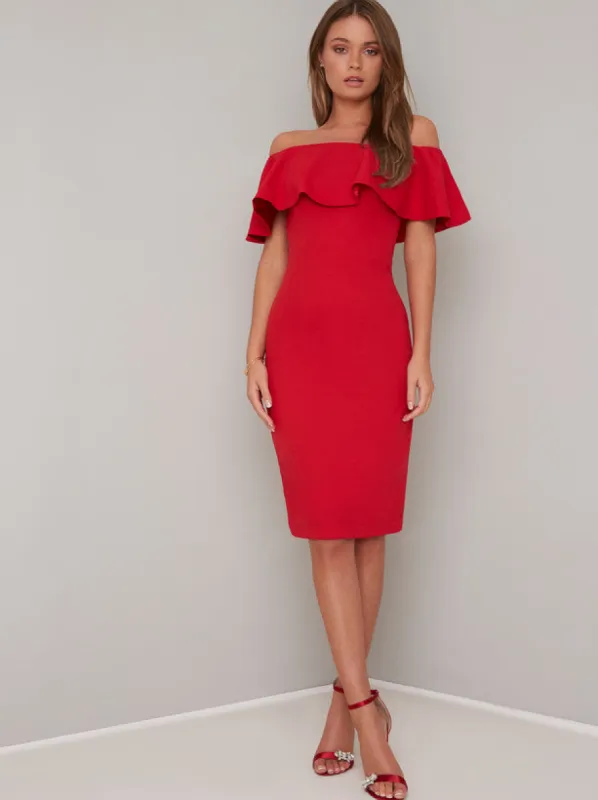 Bandeau Frill Midi Dress in Red sold by Chi Chi London